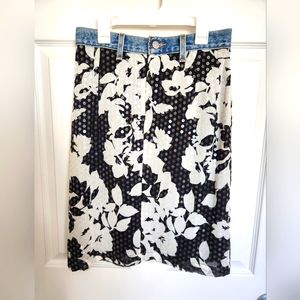 Ruth Black White Floral Sequins Skirt with Denim Closure Detail